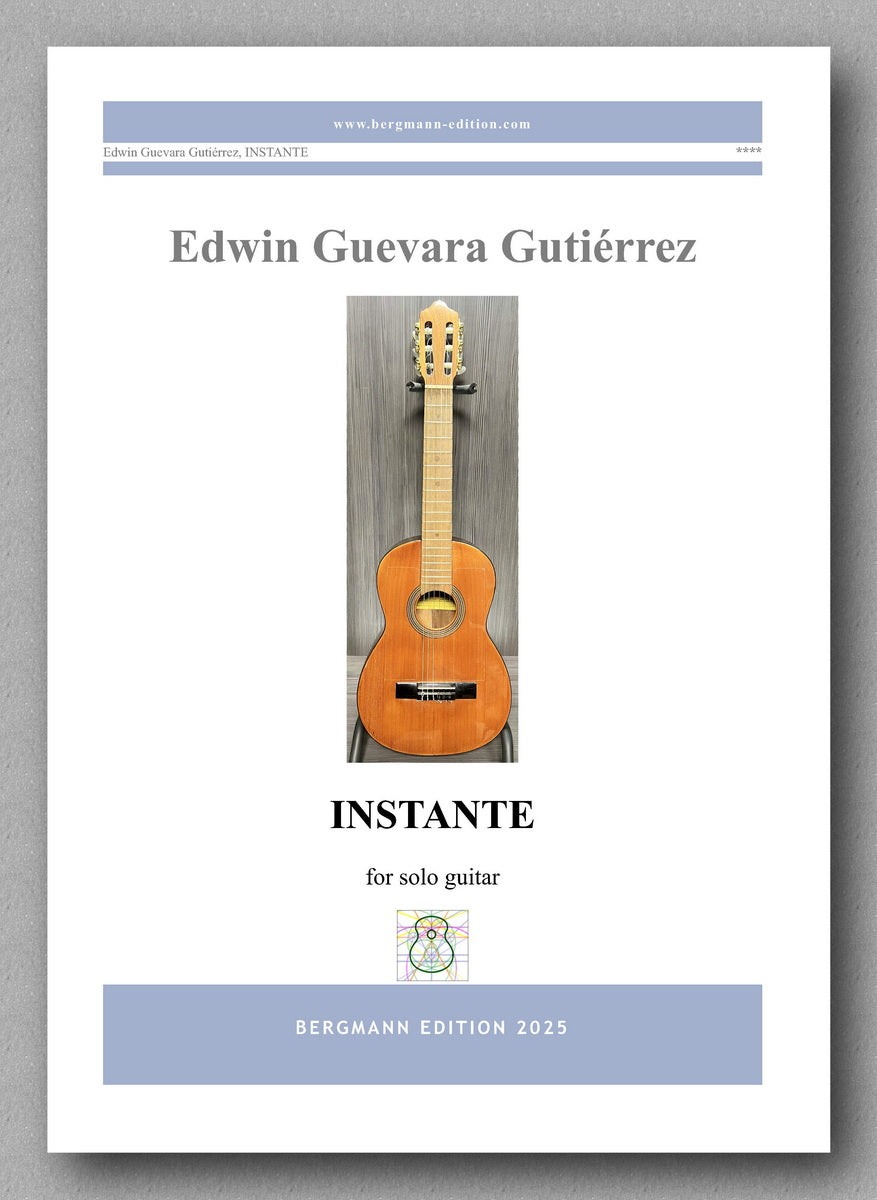Music sheet cover for 'Instante' by Edwin Guevara Gutierrez with a guitar image on a gray background