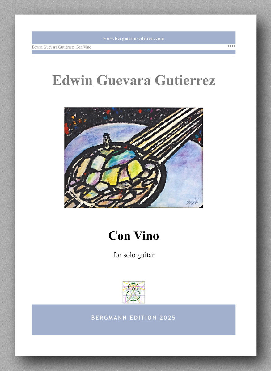 Sheet music cover for 'Con Vino' by Edwin Guevara Gutierrez with a guitar illustration on a white background.