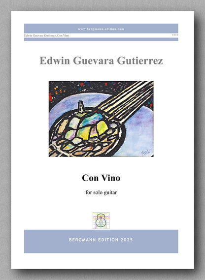 Sheet music cover for 'Con Vino' by Edwin Guevara Gutierrez with a guitar illustration on a white background.