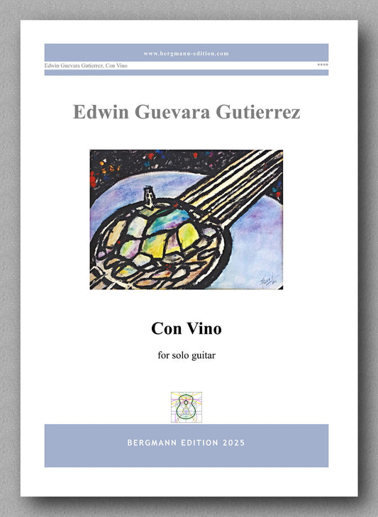 Sheet music cover for 'Con Vino' by Edwin Guevara Gutierrez with a guitar illustration on a white background.