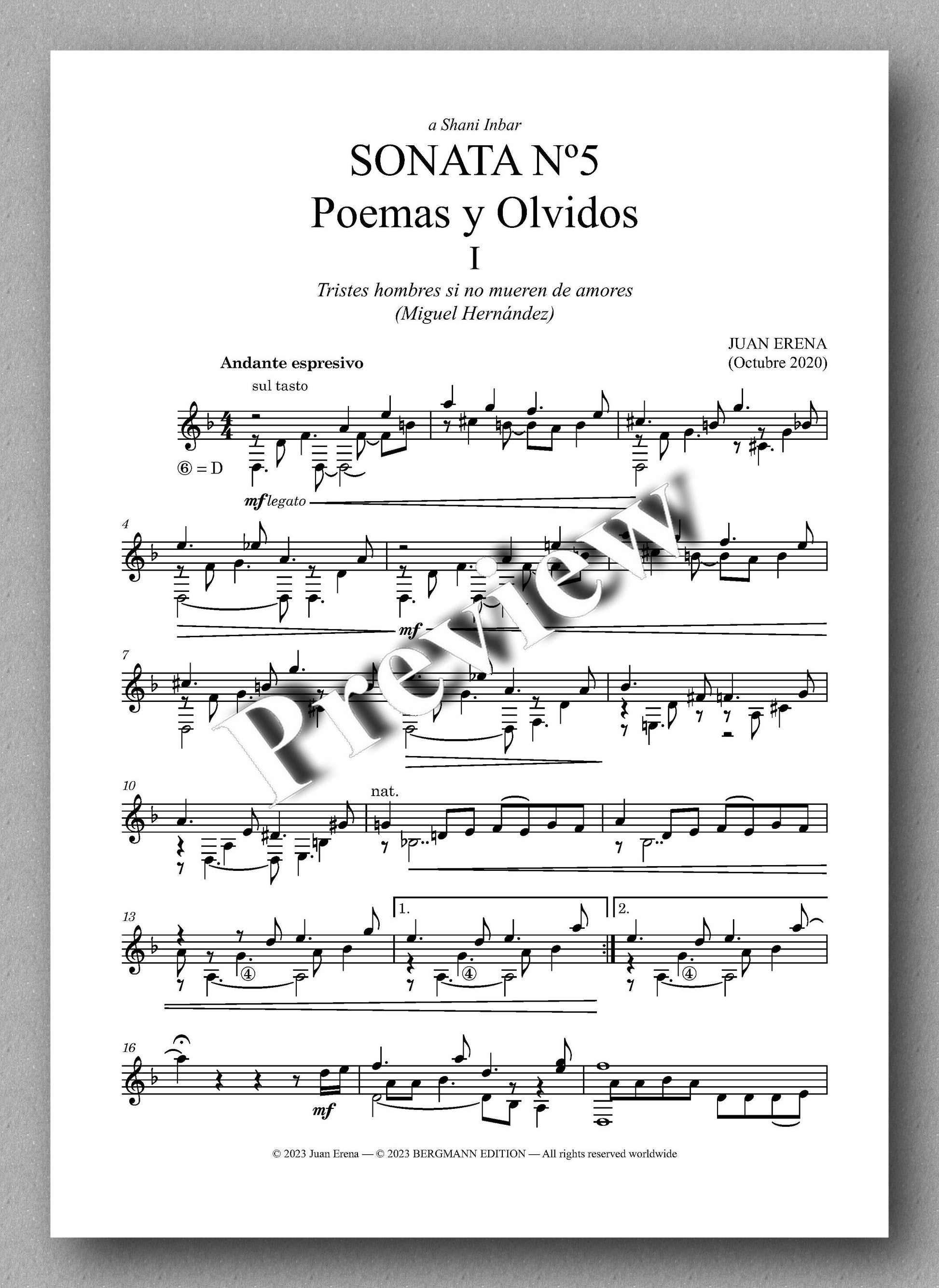 Juan Erena, Sonata V, "Poemas y Olvidos" (Poems and Oblivions) - preview of the music score 1
