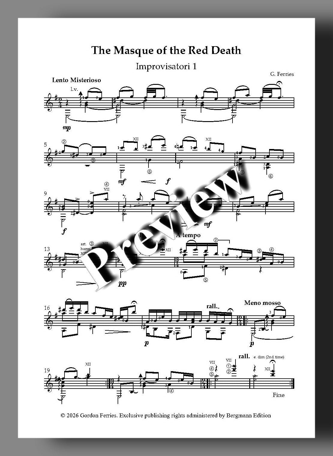 A sheet music page for 'The Masque of the Red Death' by G. Ferries, published by Bergman Edition, featuring musical notation and a large diagonal 'Preview' watermark overlay.