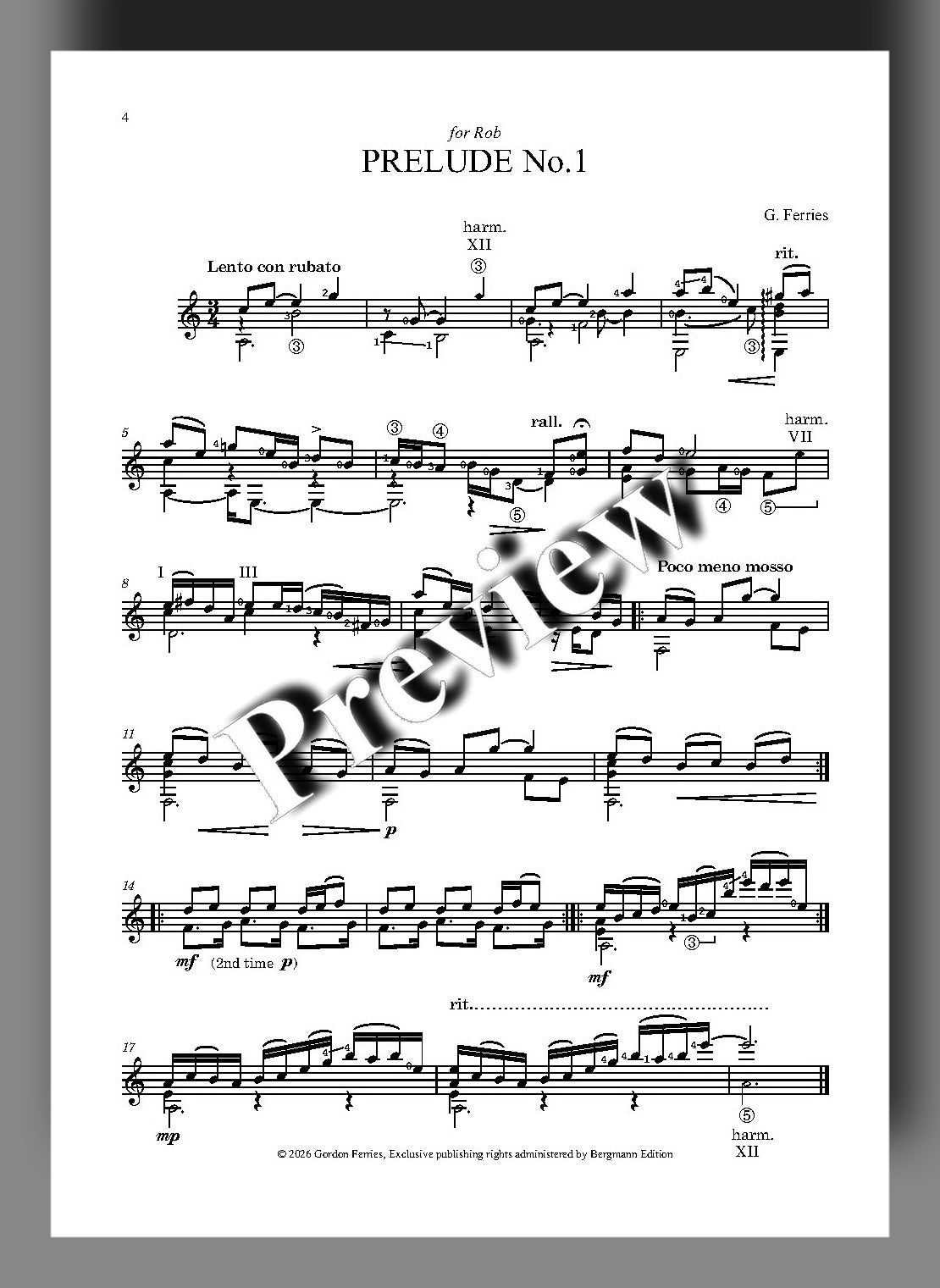 Sheet music for Prelude No. 1 by Gordon Ferries with 'Preview' text overlay.