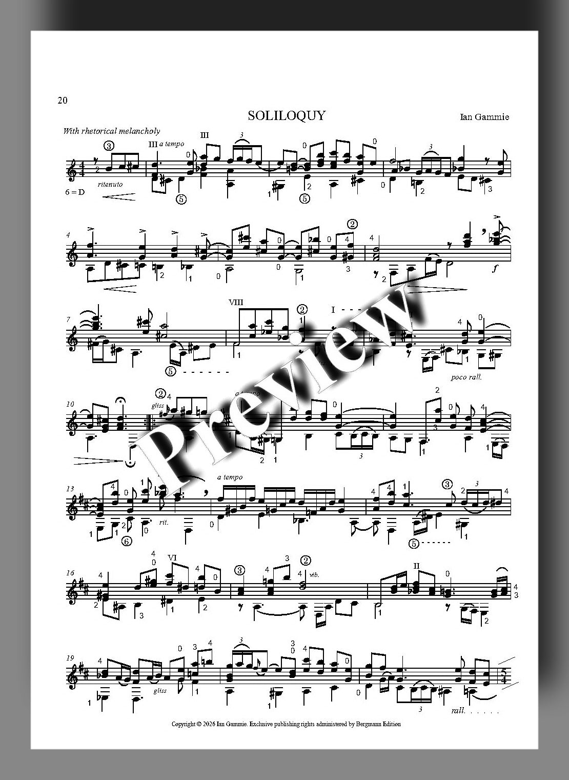 A page of sheet music for the piece 'Soliloquy' by Ian Gammie, featuring musical notation and a large diagonal 'PREVIEW' watermark across the centre.