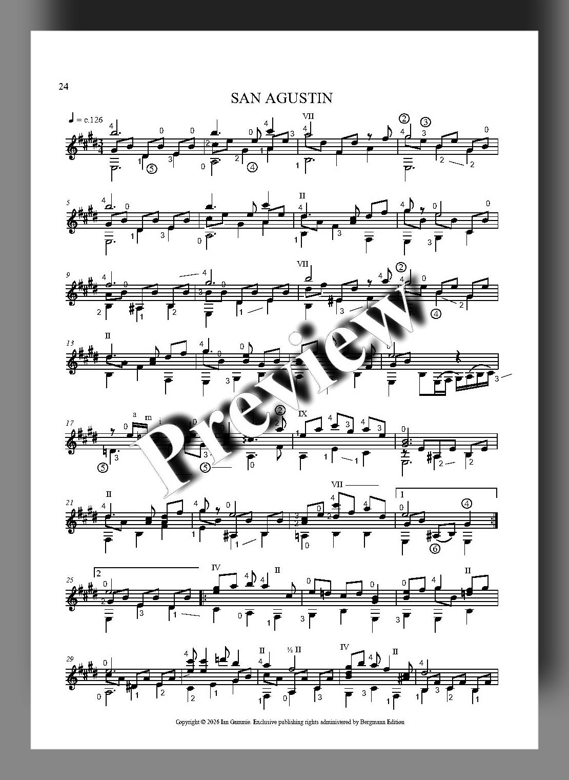 A page of printed sheet music for 'San Agustin' with musical notation and a large diagonal 'Preview' watermark across the center, shown on a white page with a dark grey border.