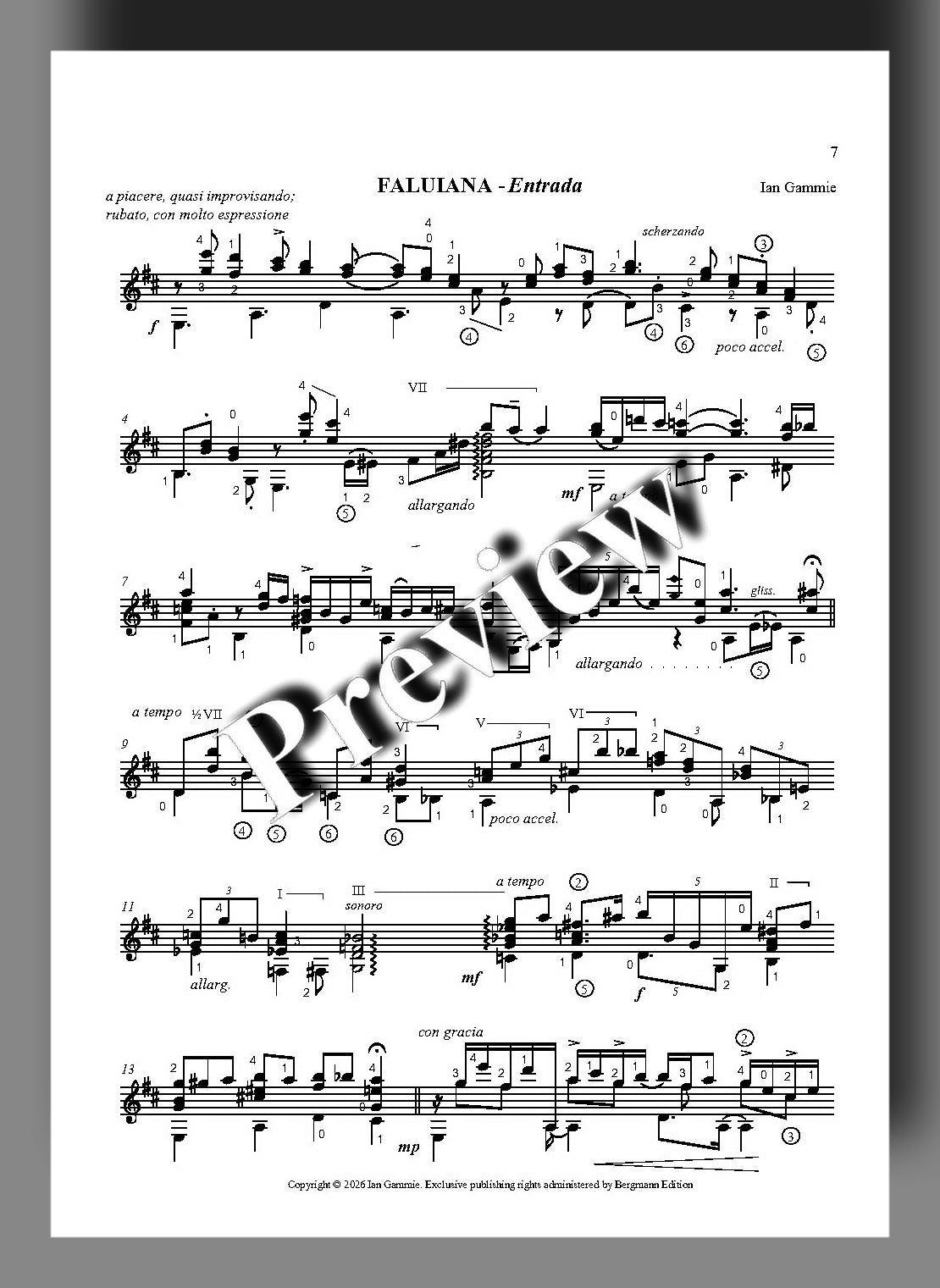 A single printed sheet of sheet music titled 'FALUIANA - Entrada' with musical notation and a large diagonal 'preview' watermark across the page, shown on a grey background.