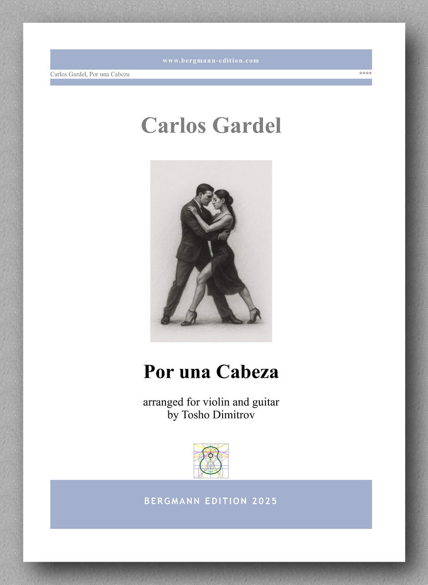 Sheet music cover for 'Por una Cabeza' by Carlos Gardel, arranged for violin and guitar.