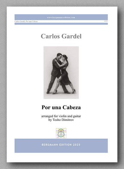 Sheet music cover for 'Por una Cabeza' by Carlos Gardel, arranged for violin and guitar.