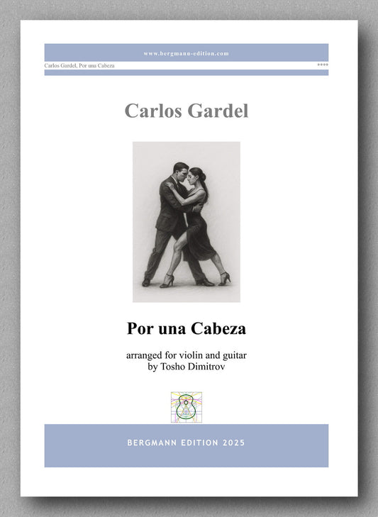 Sheet music cover for 'Por una Cabeza' by Carlos Gardel, arranged for violin and guitar.