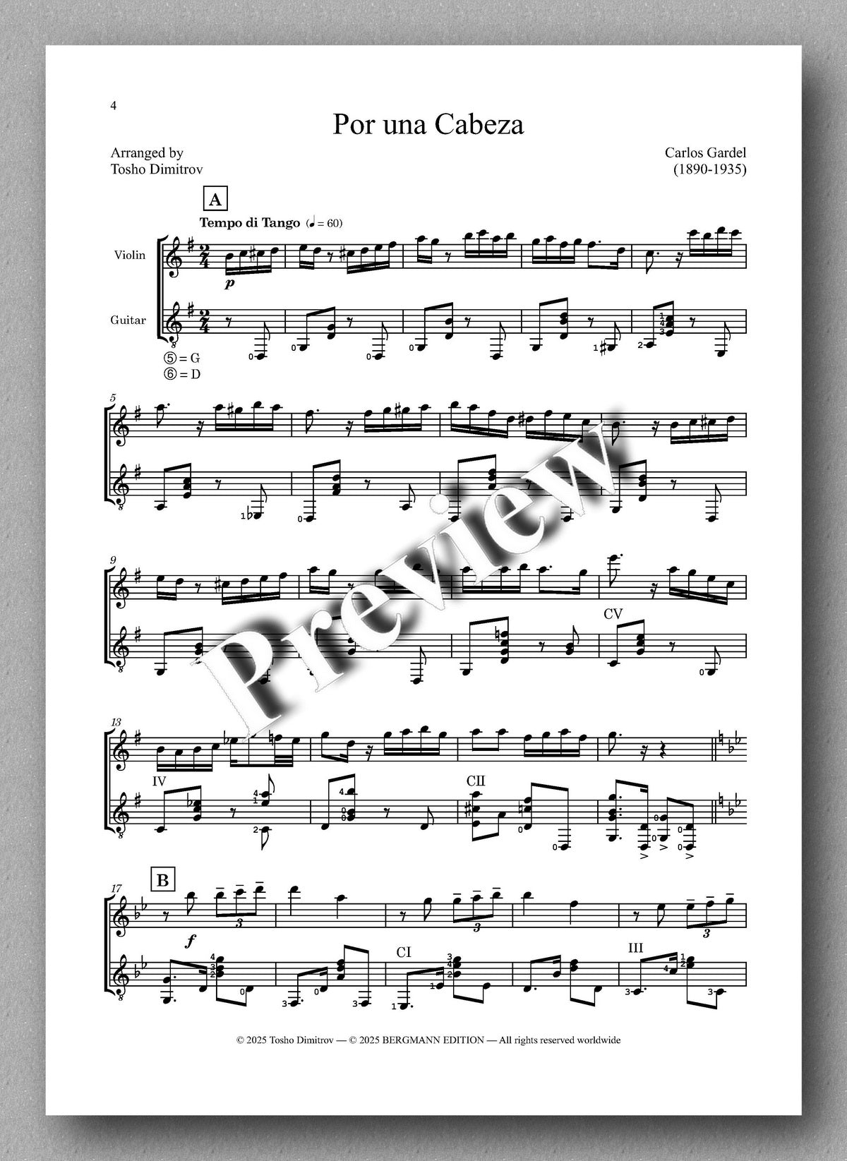 Sheet music for 'Por una Cabeza' by Carlos Gardel with a 'Preview' watermark.