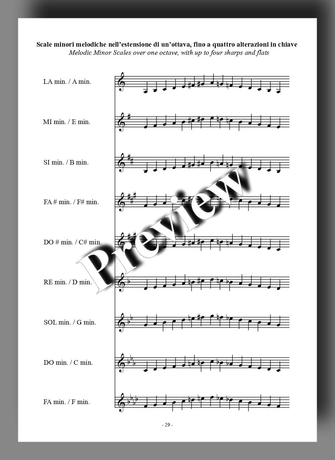 A sheet music page containing melodic minor scales with a large diagonal 'preview' watermark across the centre, shown on a grey  background.