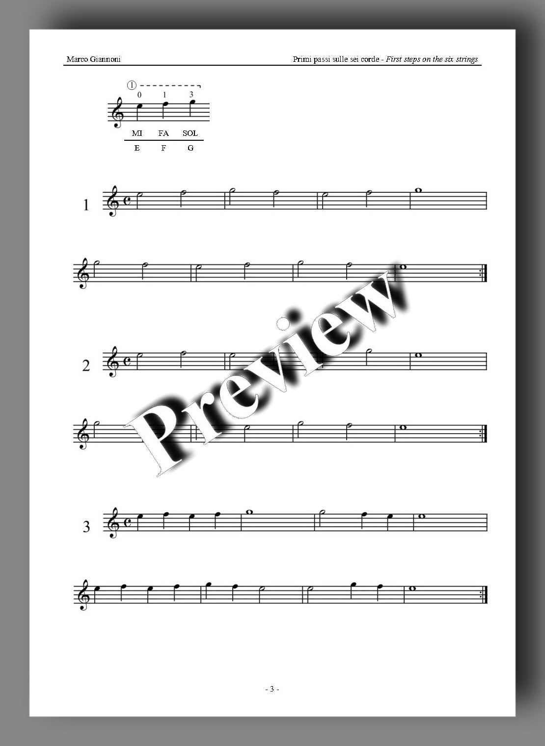 A page of sheet music simple pieces using three notes, overlaid with a large diagonal 'preview' watermark, shown on a white page with a grey border.