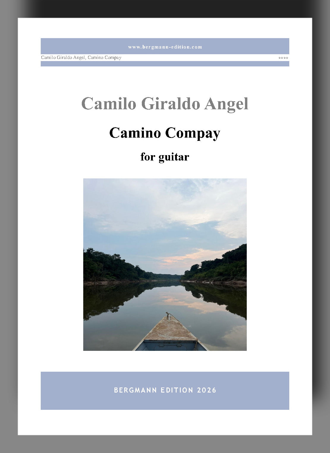Music sheet cover for 'Camino Compay' by Camilo Giraldo Angel with a scenic image of a boat on a river.