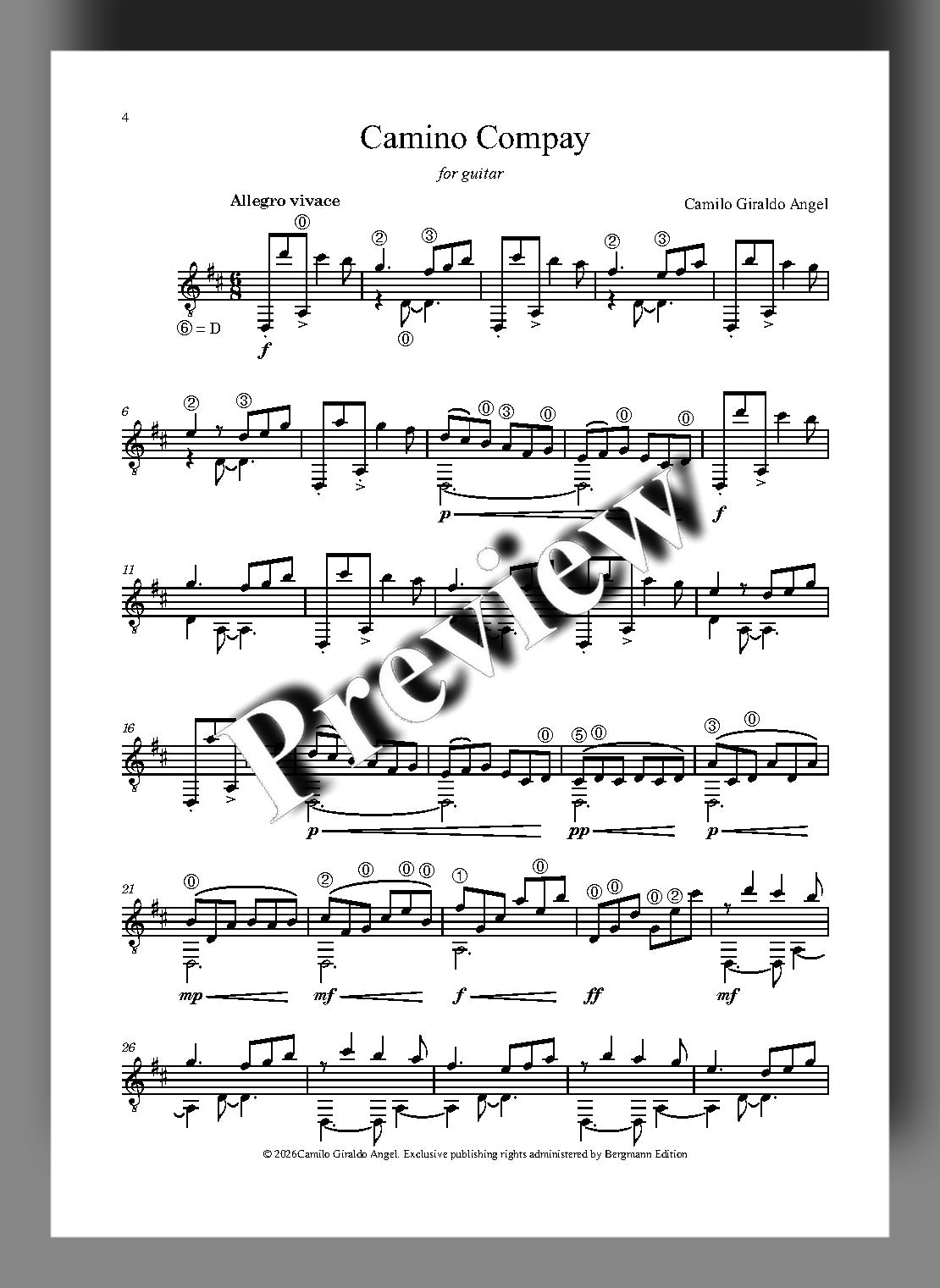 Sheet music for guitar by Camilo Giraldo Angel with 'preview' text overlay.