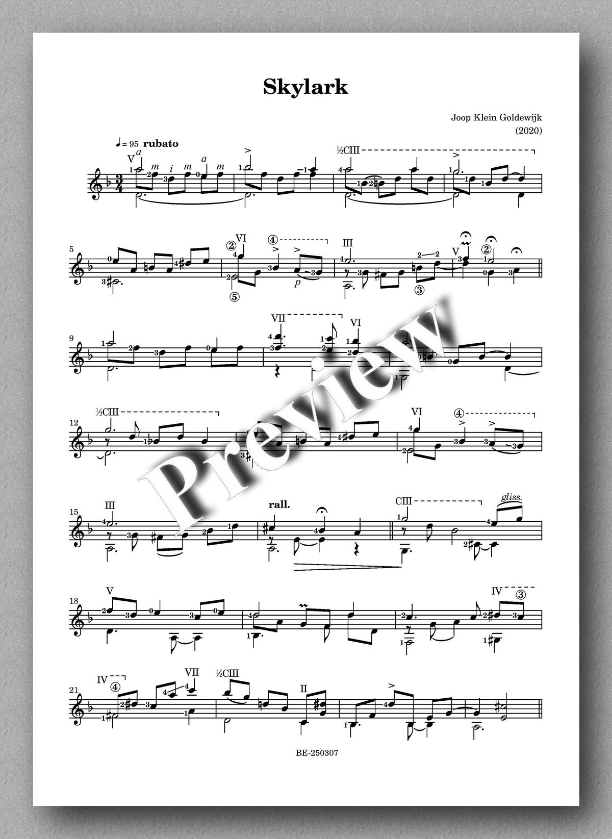 Joop Klein Goldewijk, A day without playing s a day without living - preview of the music score 2
