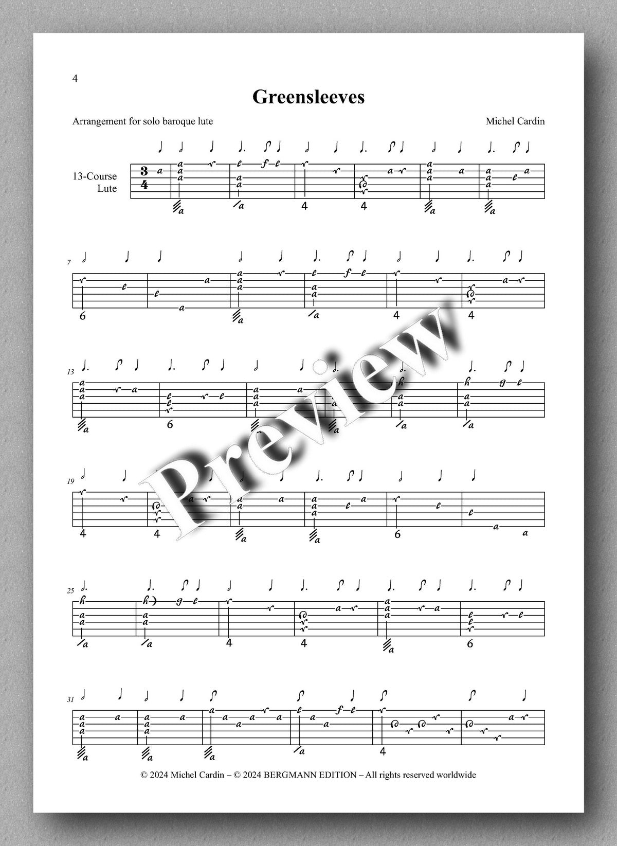 Michel Cardin, Greensleeves and Canon de Pachelbel - preview of the tablature 1