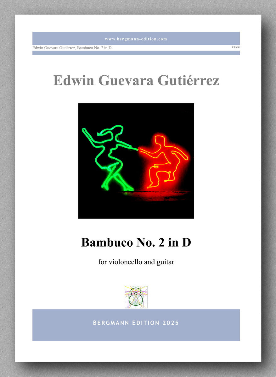 Music sheet cover for 'Bambuco No. 2 in D' by Edwin Guevara Gutierrez with a colorful dancing figures illustration.