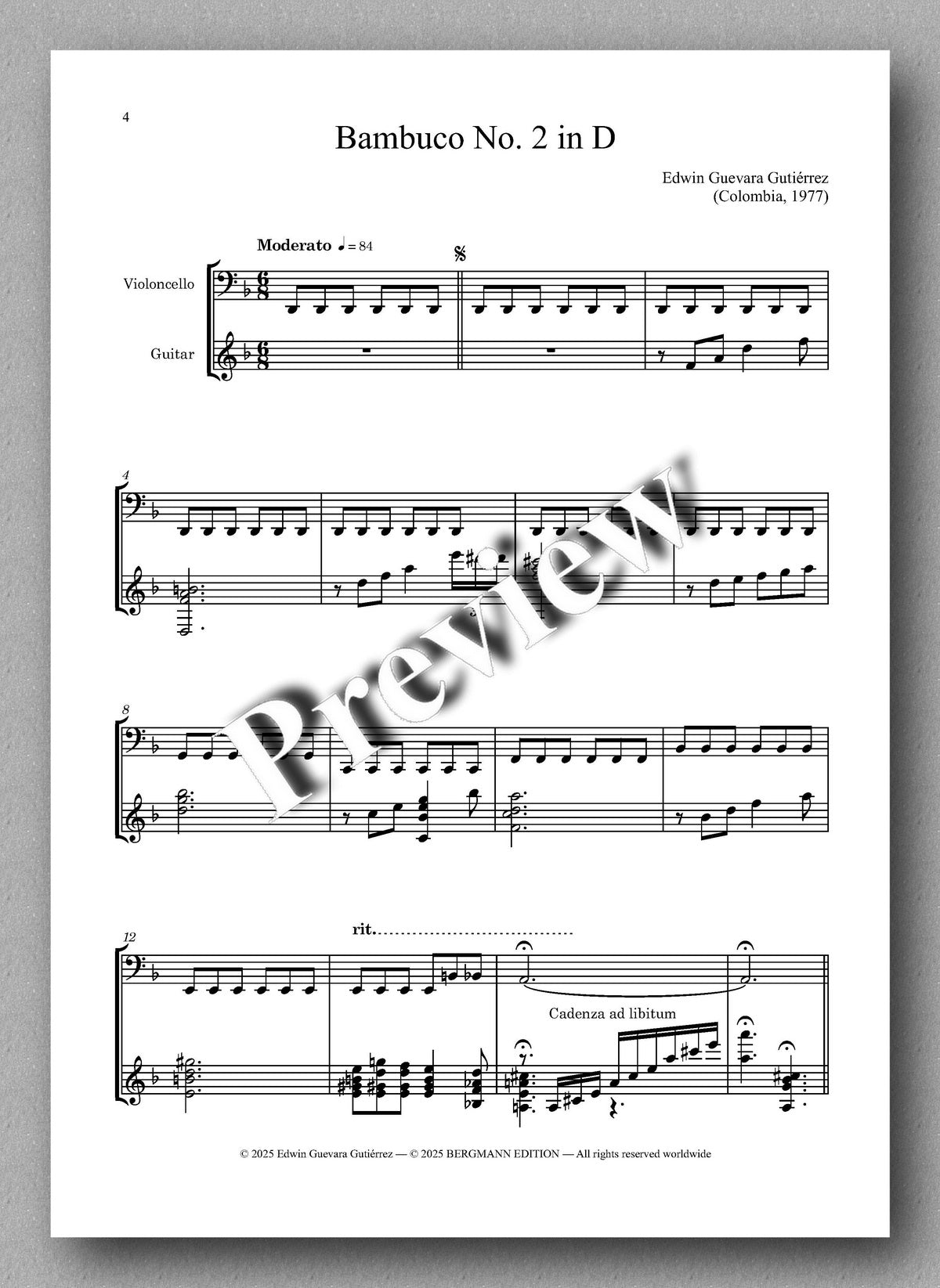 Sheet music for 'Bambuco No. 2 in D' by Edwin Garvano Gutierrez with a 'Preview' watermark.
