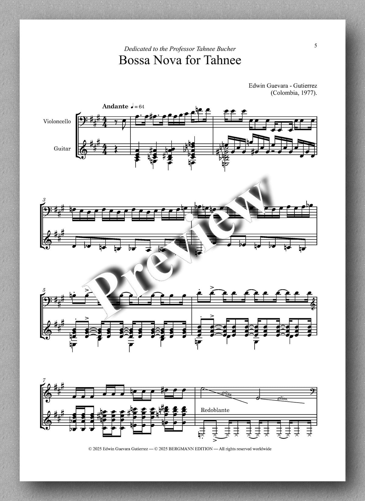 Sheet music for 'Bossa Nova for Tahnee' with dedicatee and composer information.