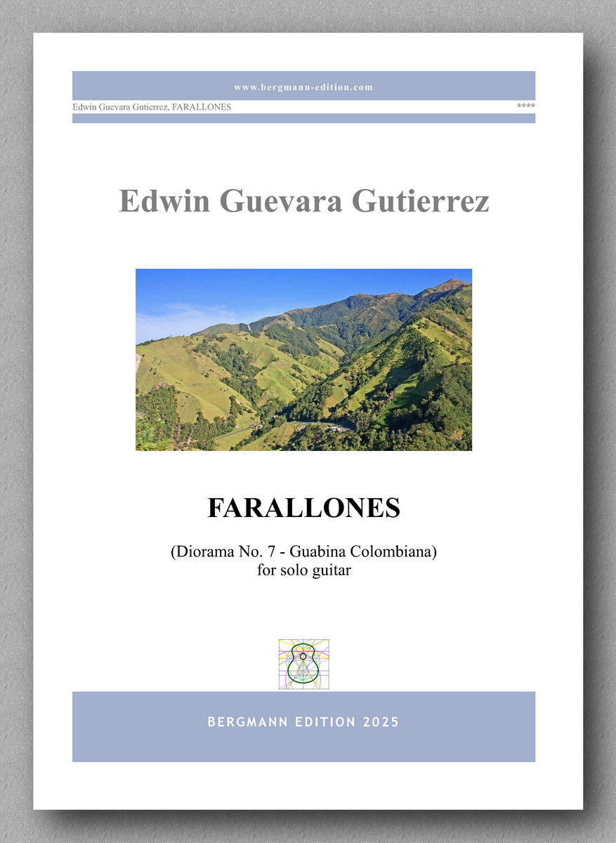 Music sheet cover for 'Farallones' by Edwin Guevara Gutierrez with a mountain landscape image.