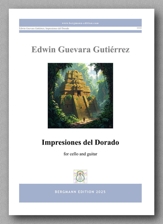 Sheet music cover for 'Impresiones del Dorado' by Edwin Guevara Gutierrez with a jungle temple illustration.