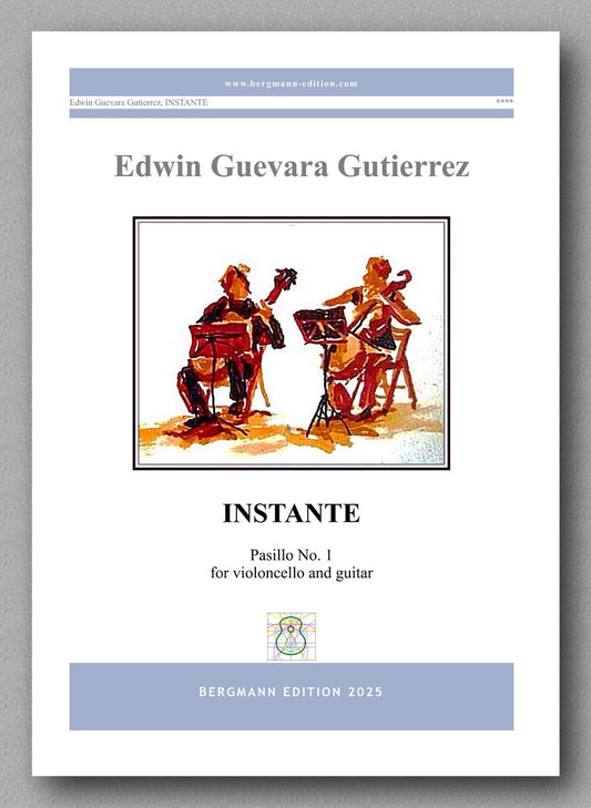 Sheet music cover for 'Instante' by Edwin Guevara Gutierrez featuring an illustration of two musicians playing violoncello and guitar.