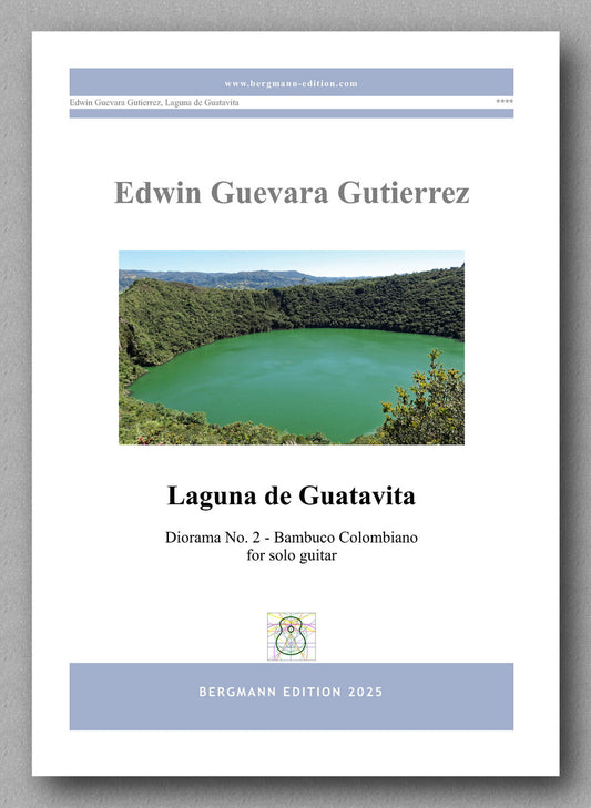 Music sheet cover for 'Laguna de Guatavita' by Edwin Guevara Gutierrez with a scenic image of a lake.