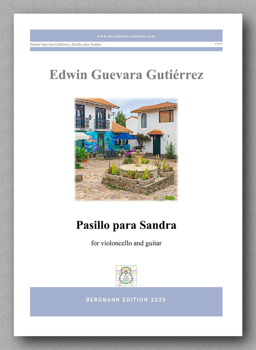 Music sheet cover for 'Pasillo para Sandra' by Edwin Guevara Gutierrez with a scenic image of a courtyard.