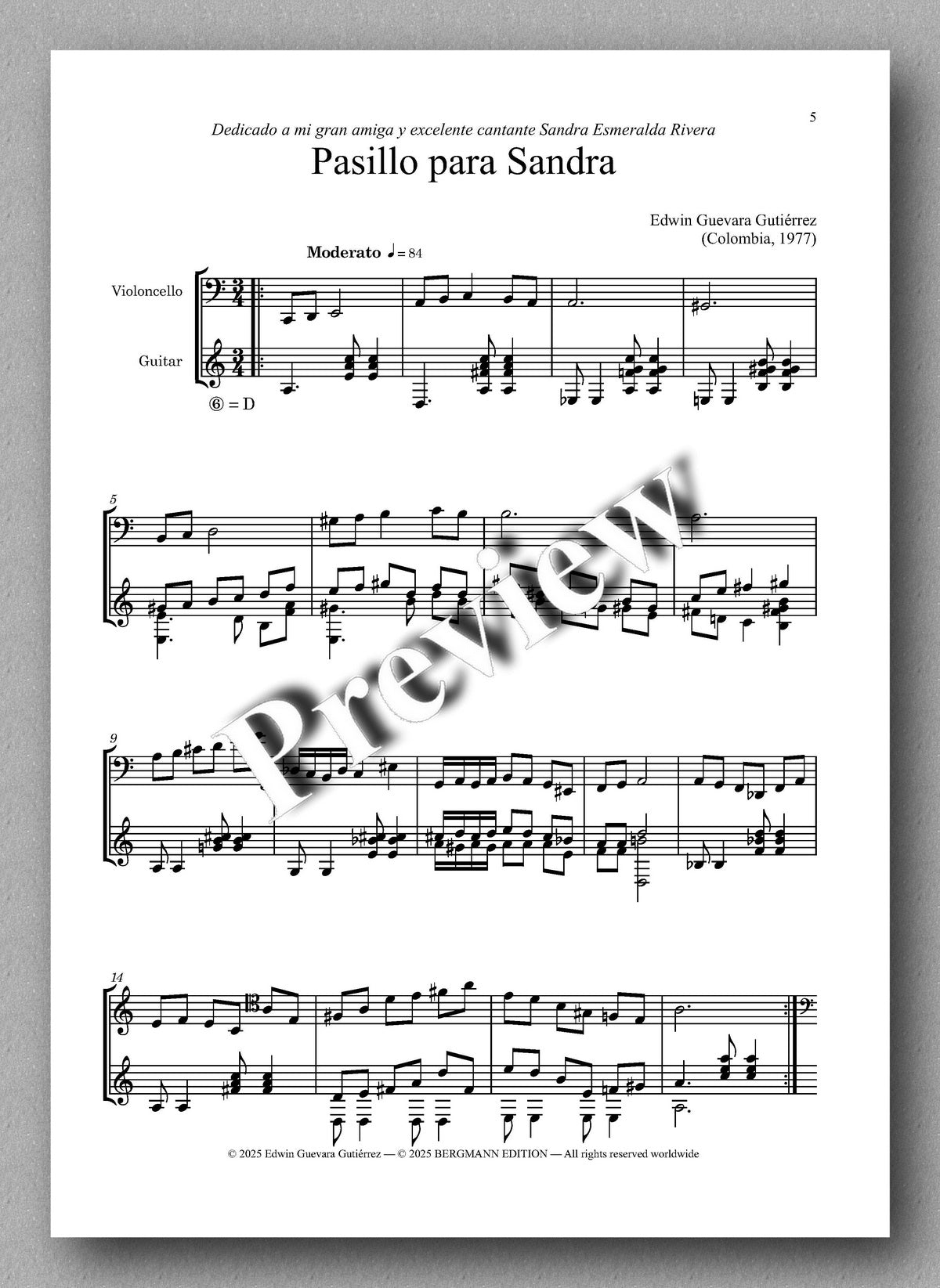 Sheet music for 'Pasillo para Sandra' with a watermark on a gray background