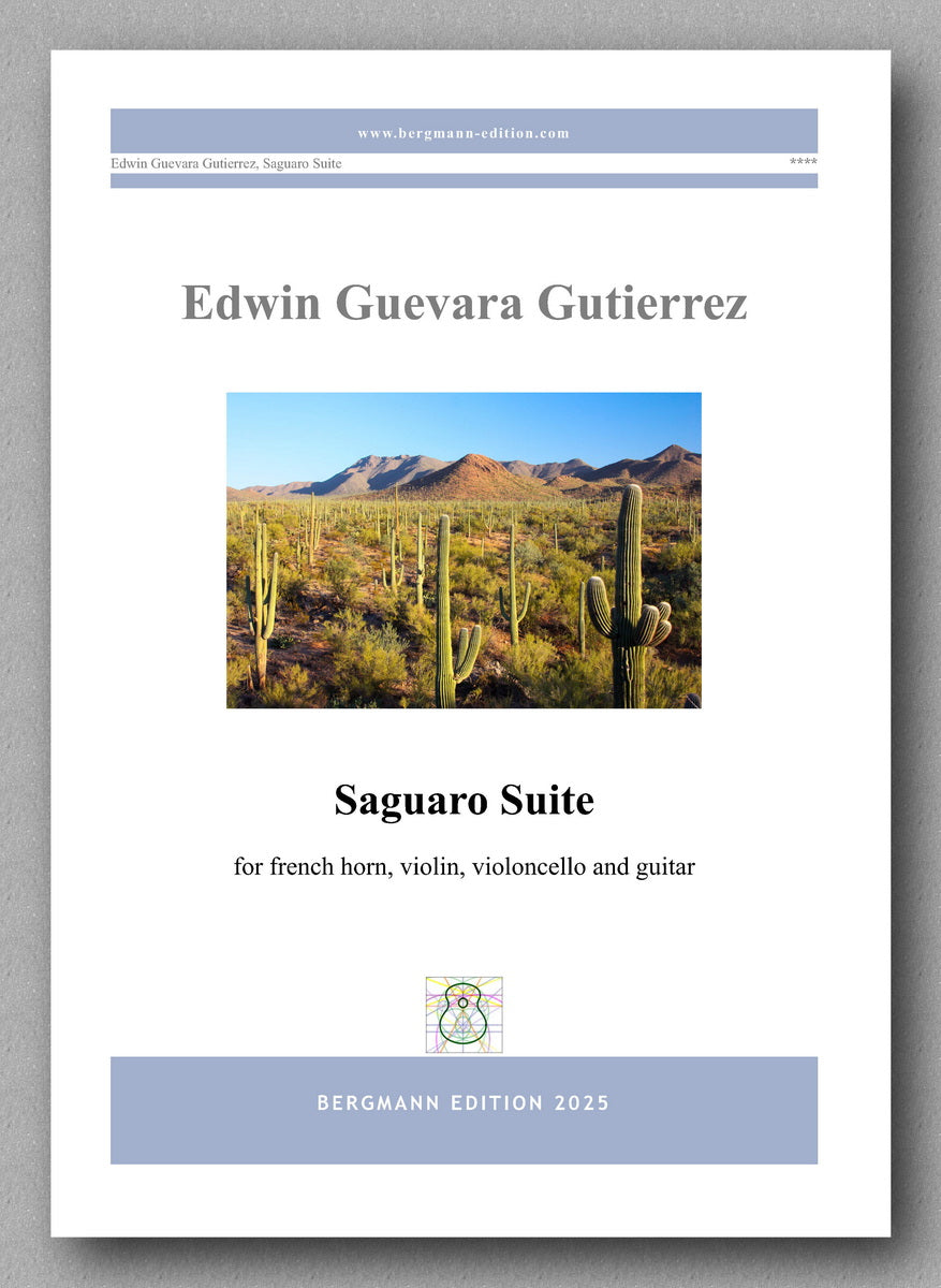 Sheet music cover for 'Saguaro Suite' by Edwin Guevara Gutierrez with a desert landscape image.