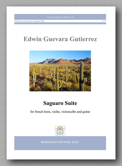 Sheet music cover for 'Saguaro Suite' by Edwin Guevara Gutierrez with a desert landscape image.