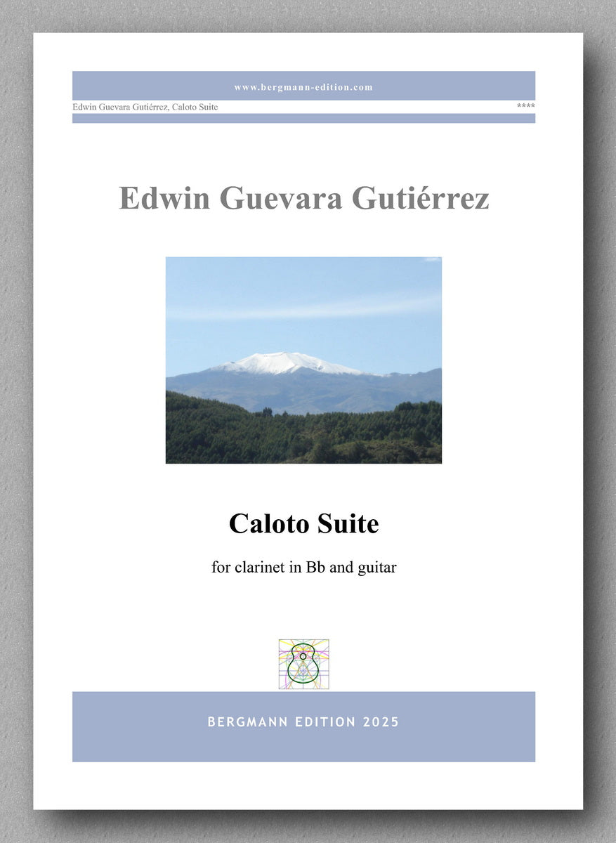 Music sheet cover for 'Caloto Suite' by Edwin Guevara Gutierrez with a mountain landscape illustration.