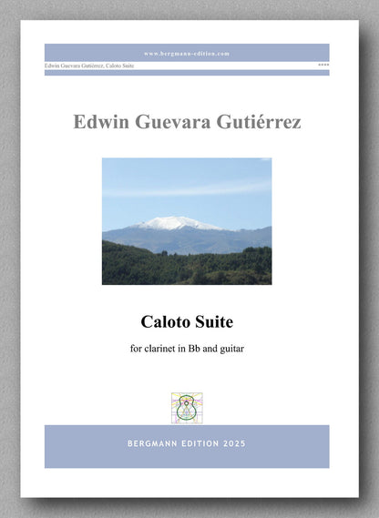 Music sheet cover for 'Caloto Suite' by Edwin Guevara Gutierrez with a mountain landscape illustration.
