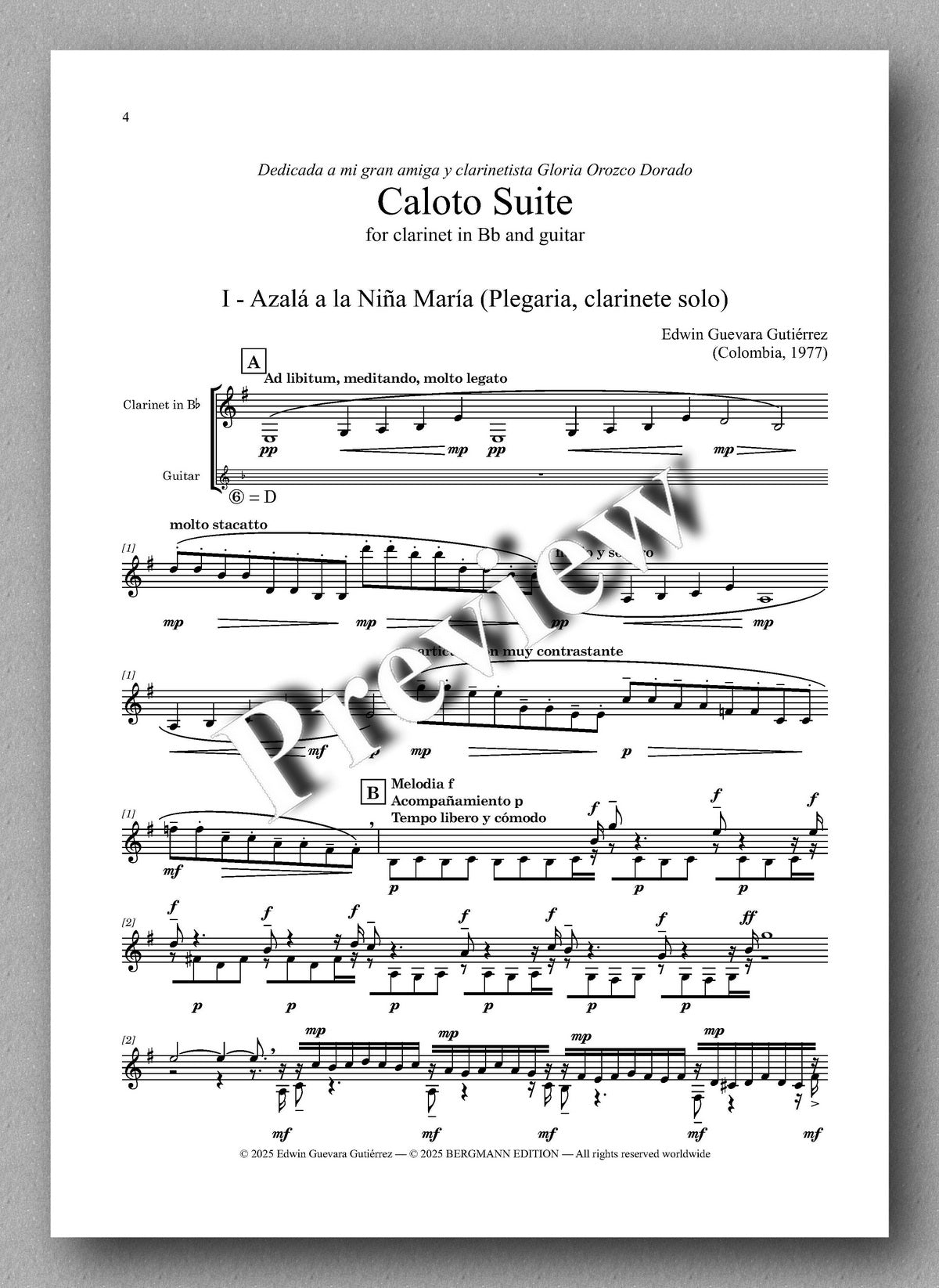 Sheet music for 'Caloto Suite' with clarinet and guitar parts on a white background.