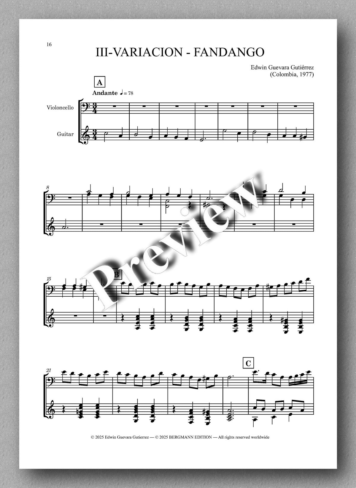 Music sheet for cello and guitar with 'Fandango' variation, featuring Edgardo Garavito Gutierrez's name and year.