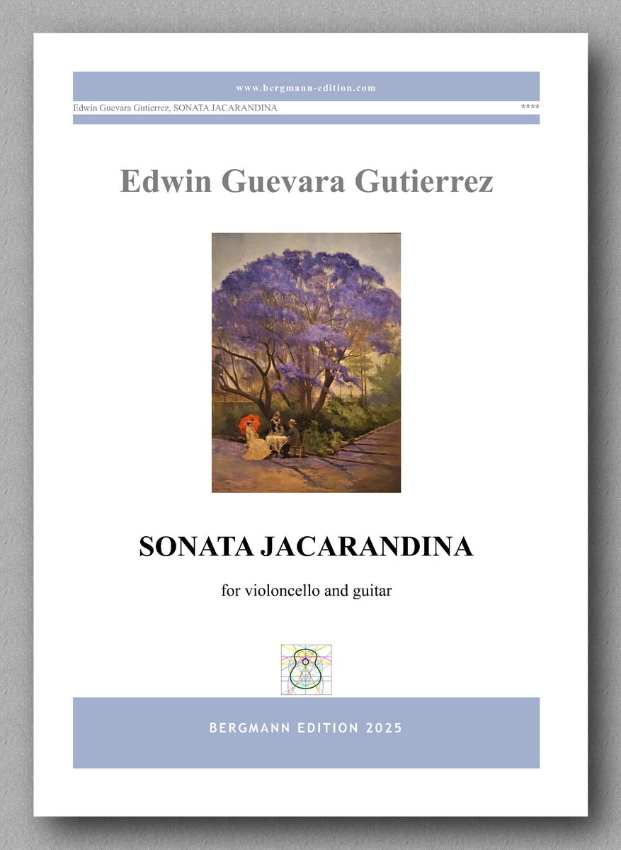 Sheet music cover for 'Sonata Jacarandina' by Edwin Guevara Gutierrez with a painting of a woman and tree on the cover.