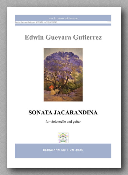 Sheet music cover for 'Sonata Jacarandina' by Edwin Guevara Gutierrez with a painting of a woman and tree on the cover.