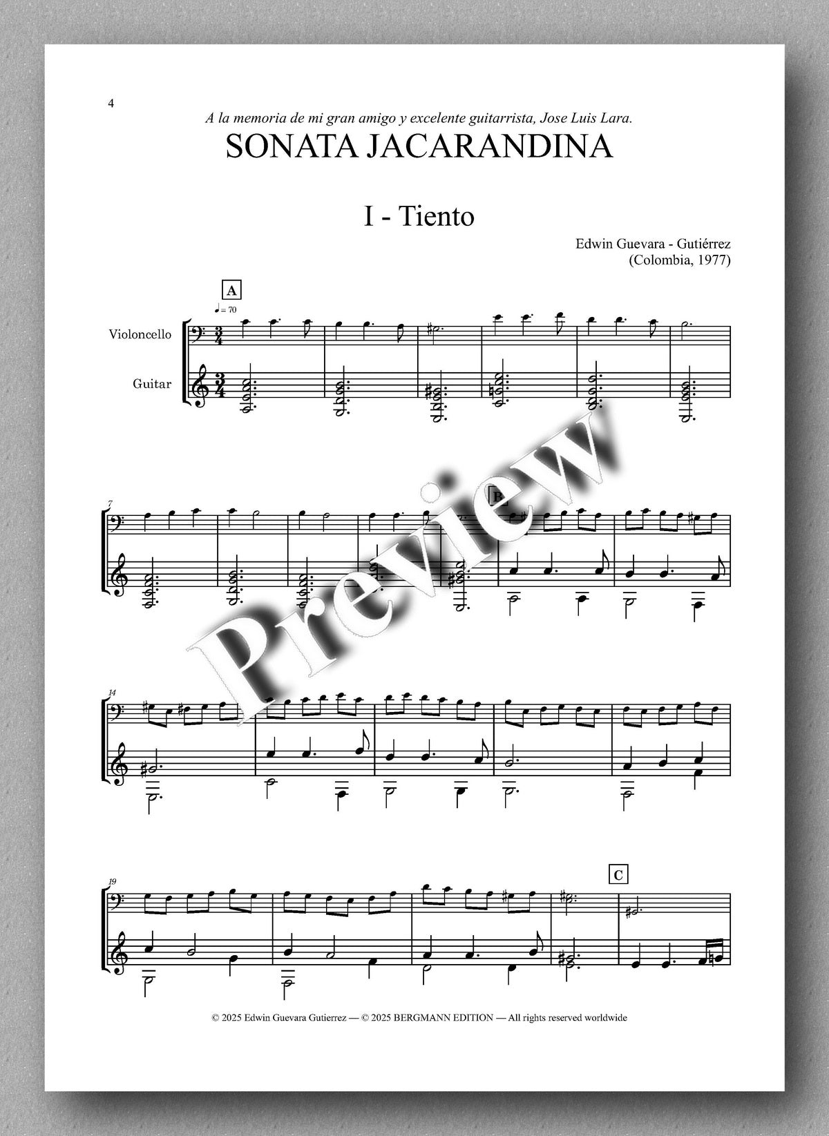 Sheet music for 'Sonata Jacarandina' with text and musical notation on a white background.