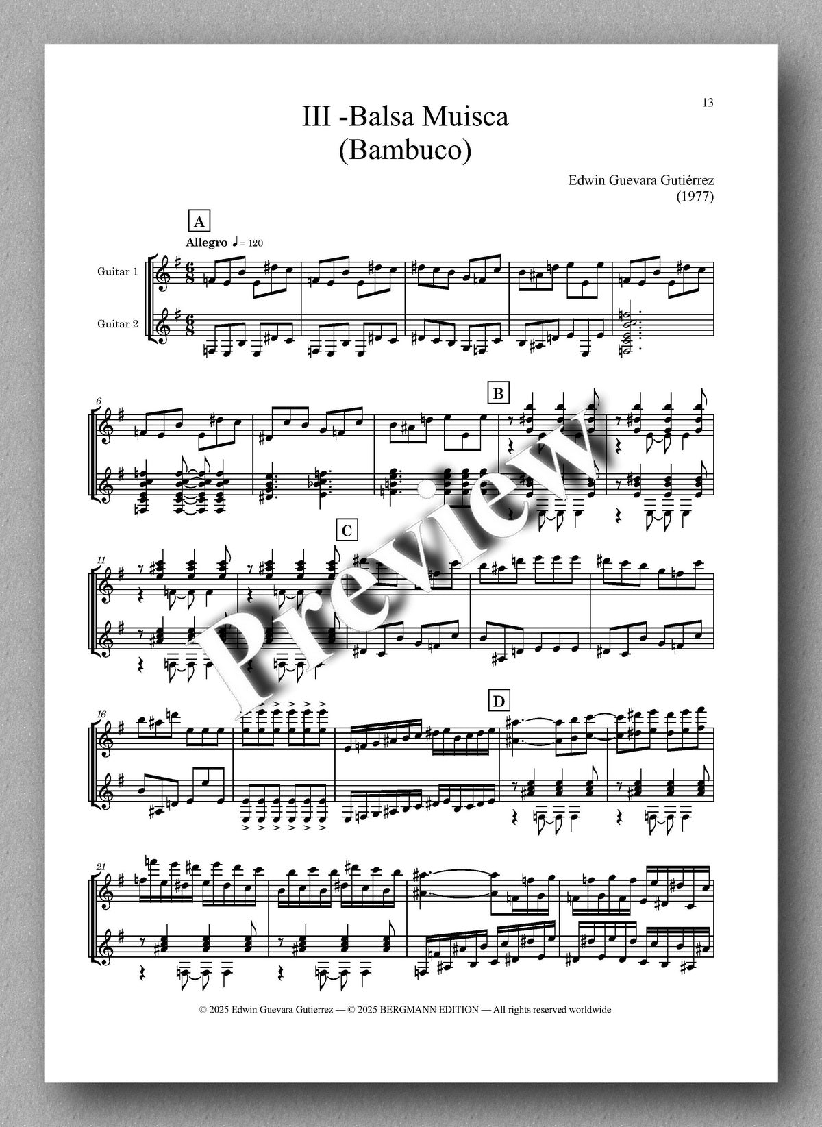 Sheet music for a musical piece titled 'Balsa Muisca (Bambuco)' by Eduardo Guerra Gutierrez, with a 'PREVIEW' watermark.
