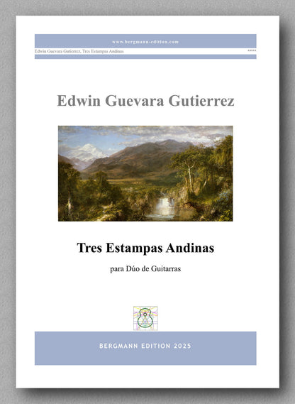 Music sheet cover for 'Tres Estampas Andinas' by Edwin Guevara Gutierrez with a mountain landscape illustration.
