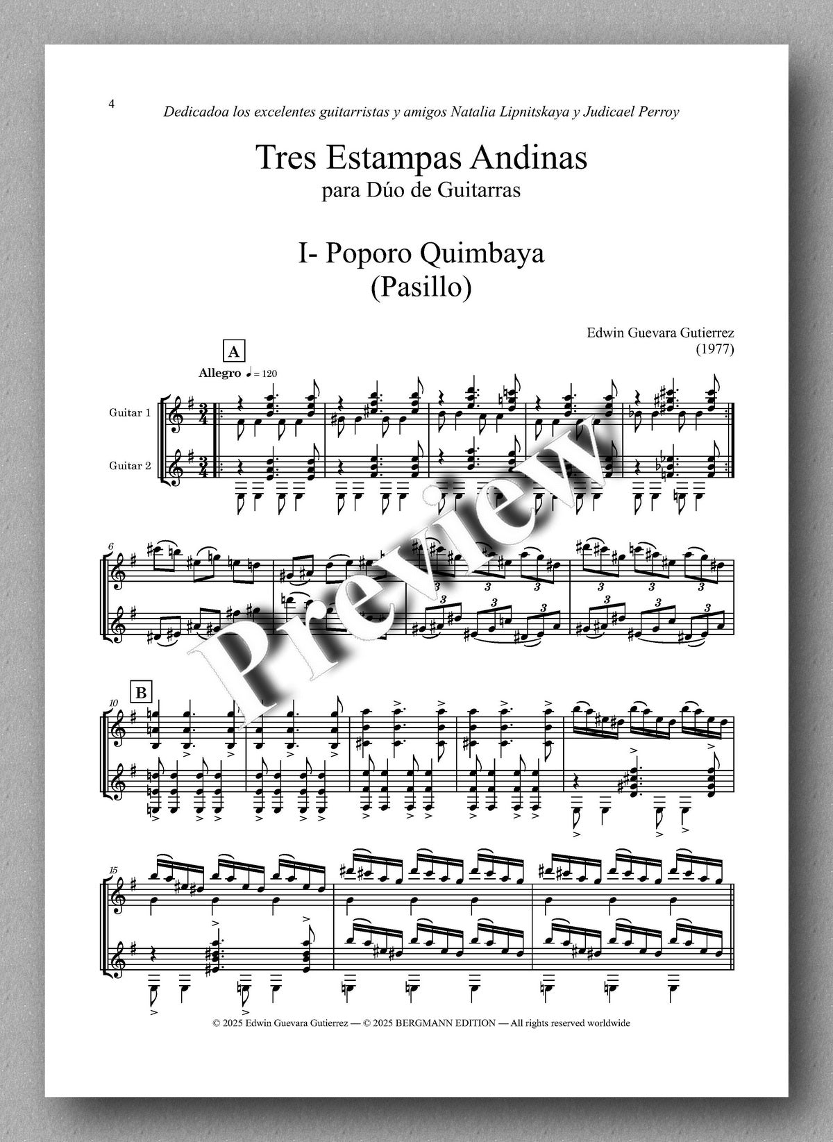 Sheet music for 'Tres Estampas Andinas' with guitar tablature on a white background
