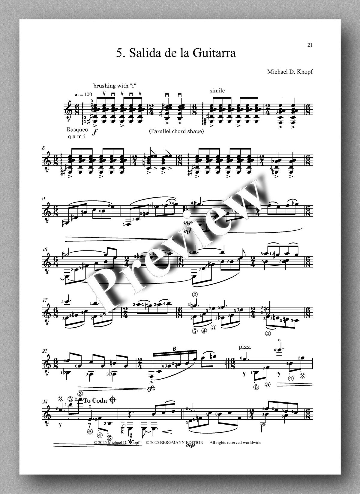 Sheet music for '5. Salida de la Guitarra' by Michael D. Kaeyp with a 'Preview' watermark.