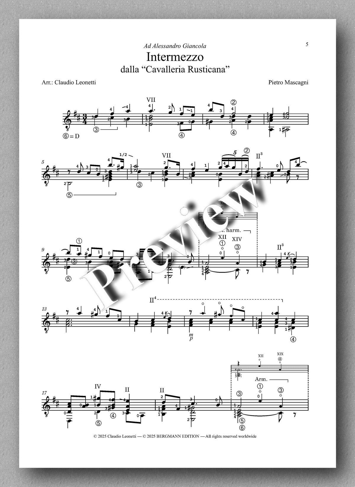 Sheet music for 'Intermezzo' from 'Cavalleria Rusticana' by Pietro Mascagni with a 'Preview' watermark.