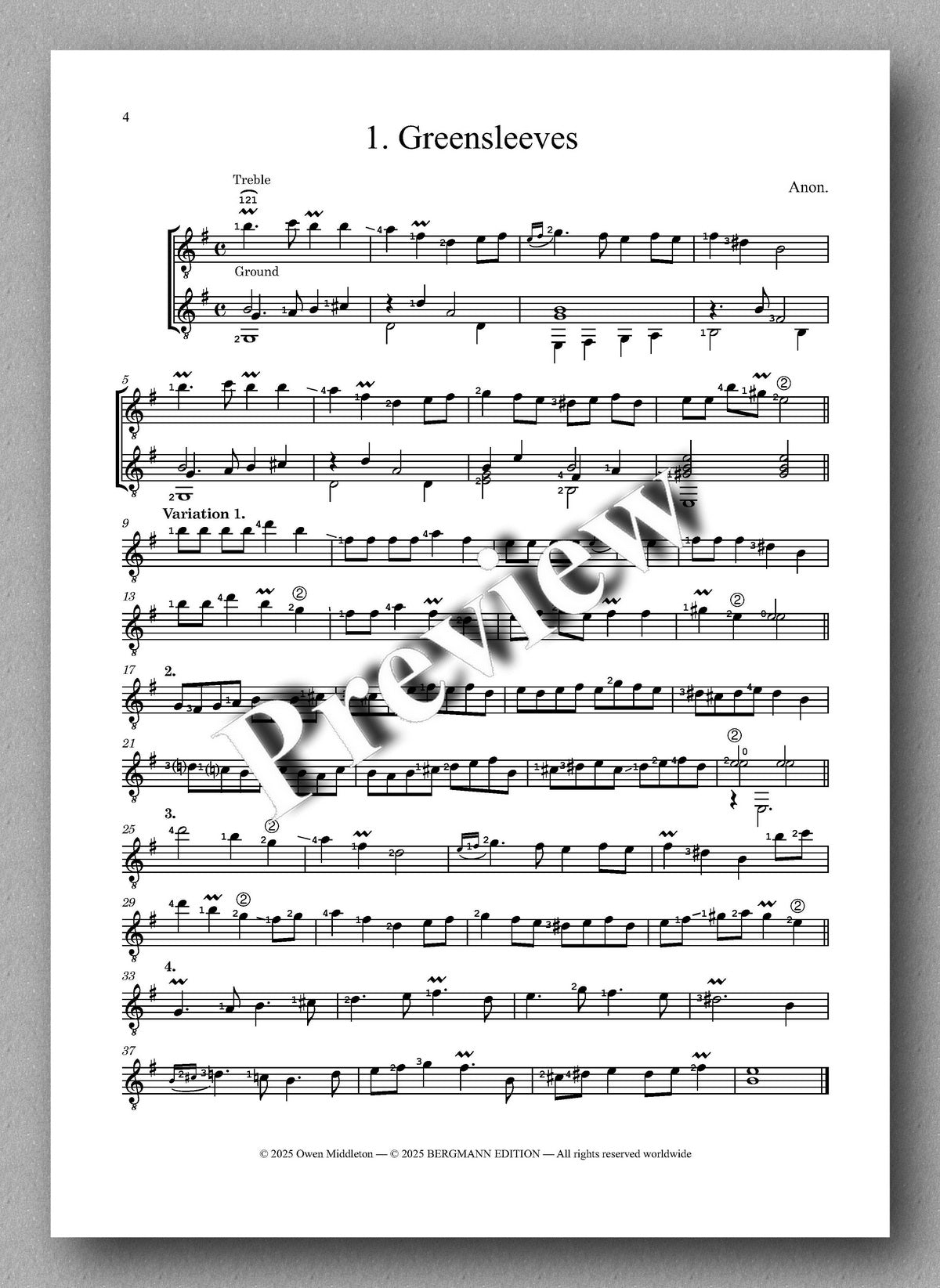 Five Duets from the Lute arranged for two guitars by Owen Middleton - preview of the music score 1