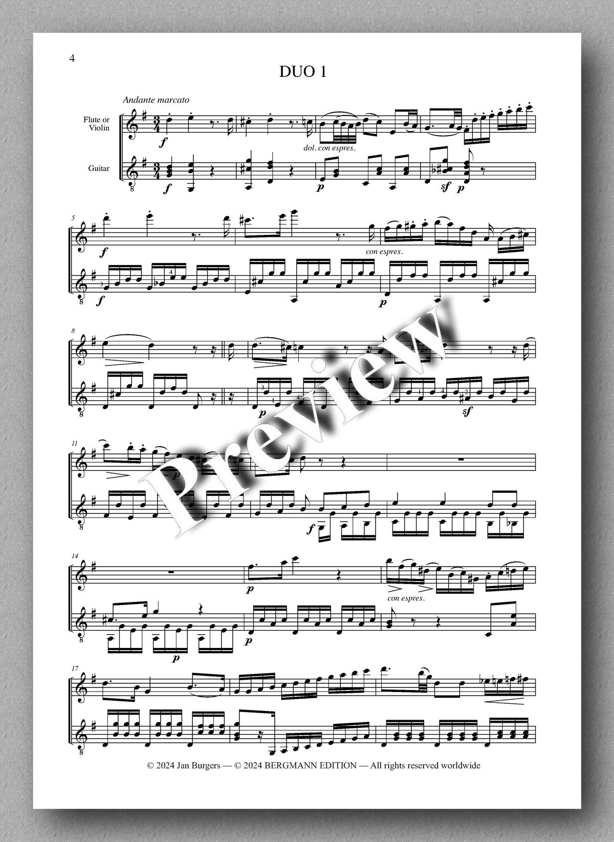 Francesco Molino, Three Duos for Flute or Violin and Guitar (Opus 61) - preview of the music score 1