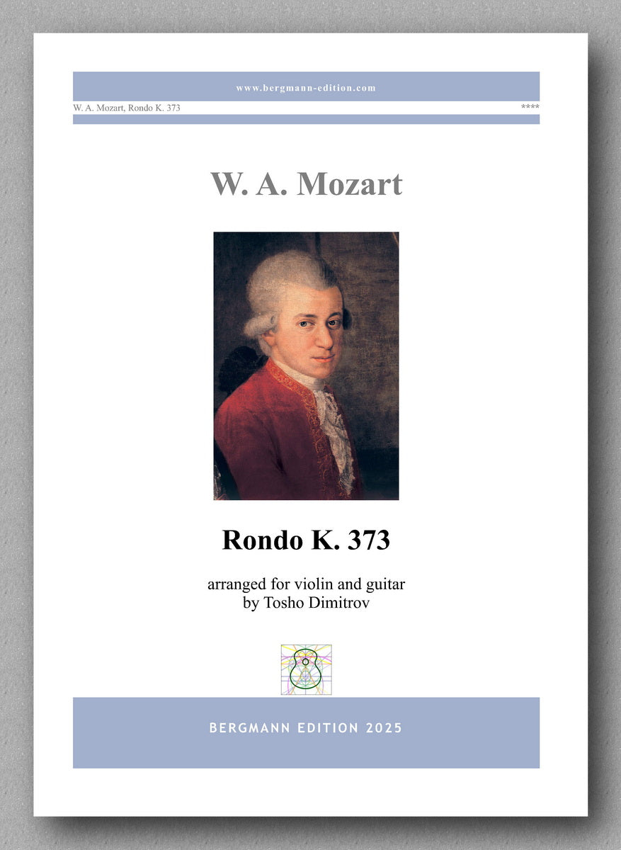 Sheet music cover for W. A. Mozart's Rondo K. 373 arranged for violin and guitar, featuring a portrait of Mozart.