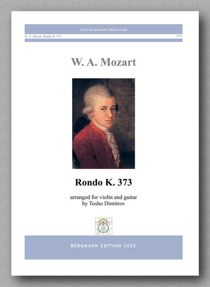 Sheet music cover for W. A. Mozart's Rondo K. 373 arranged for violin and guitar, featuring a portrait of Mozart.
