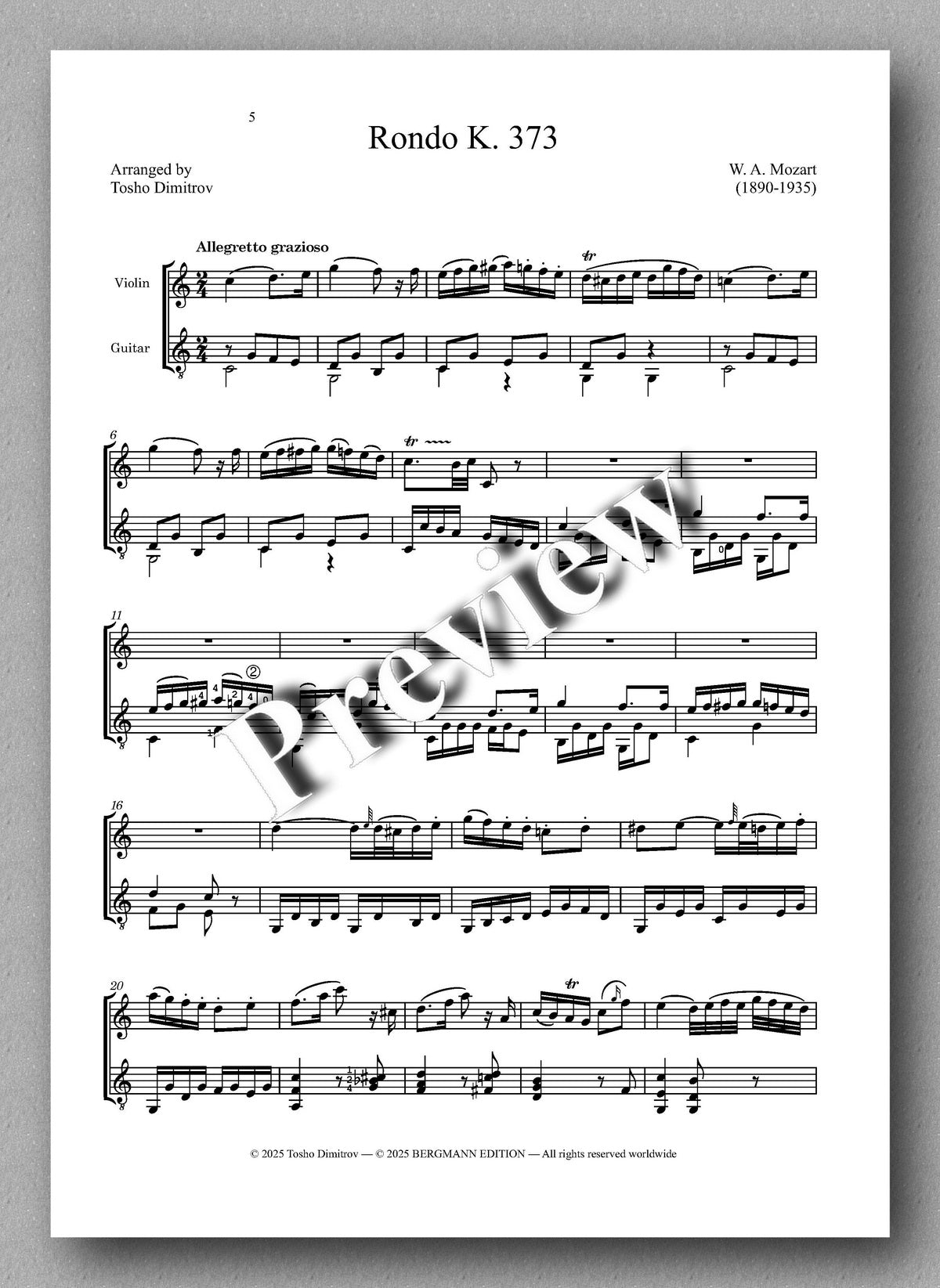 Sheet music for Rondo K. 373 by W.A. Mozart with Todor Dimitrov's arrangement on a white background.