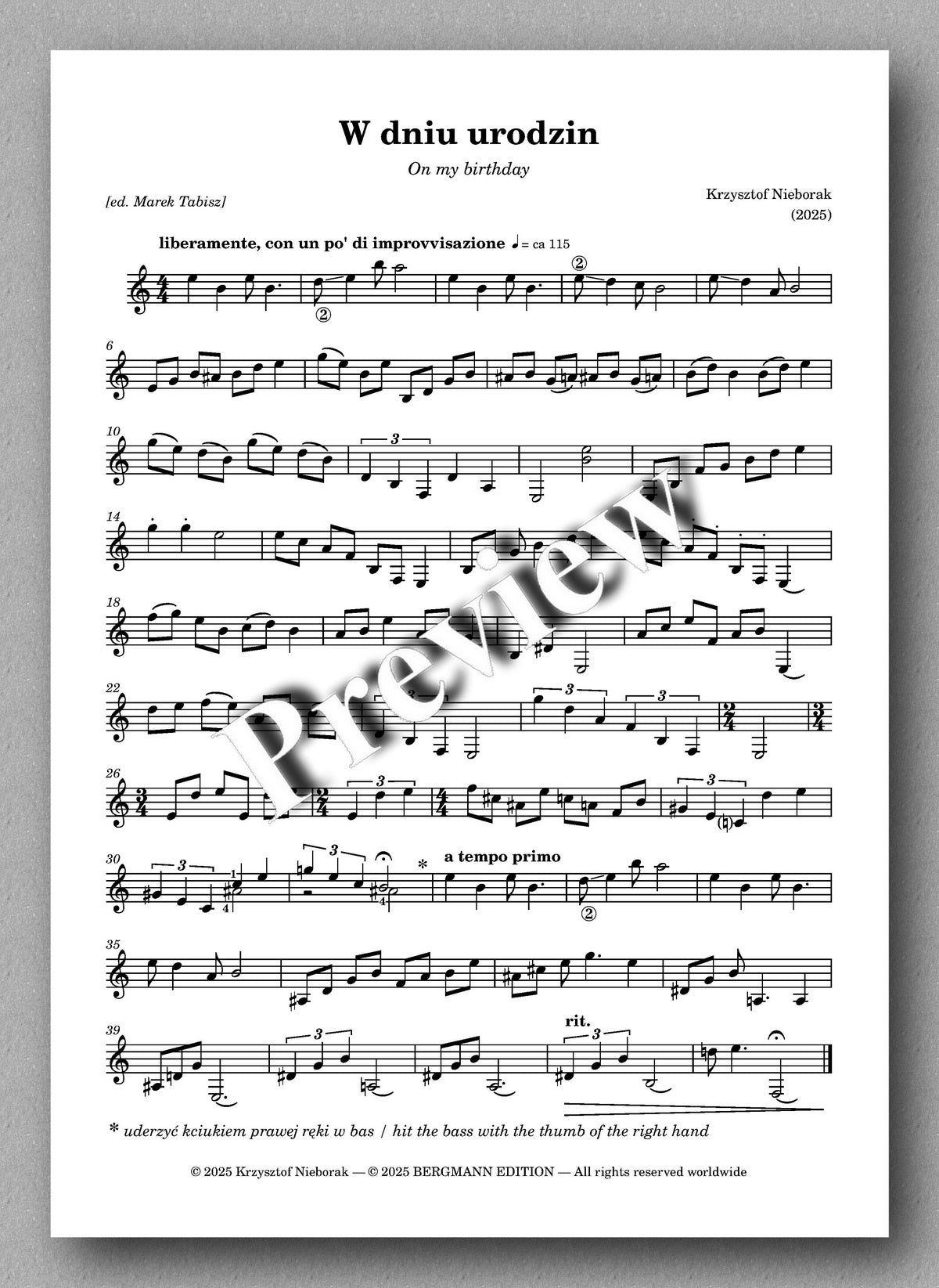 Sheet music for 'On my birthday' by Krzysztof Nalewajski with a watermark overlay.