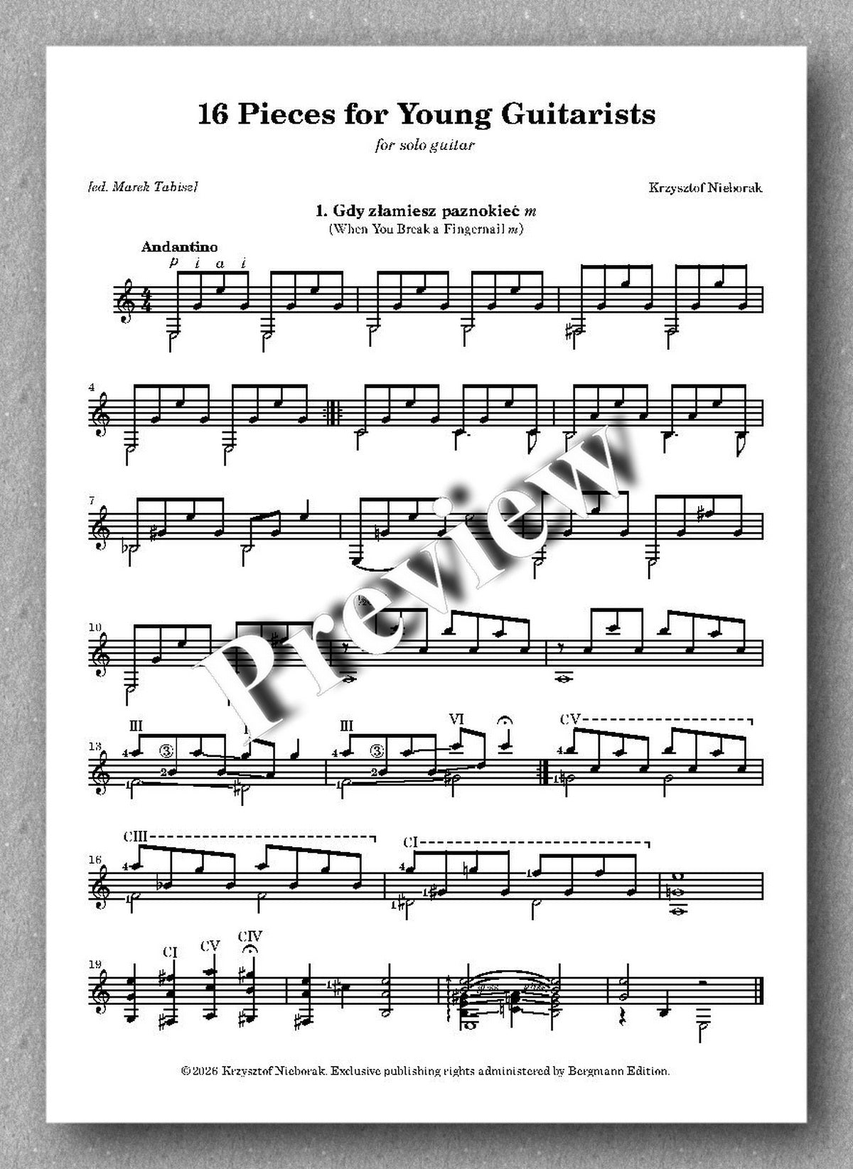 Krzysztof Nieborak, 16 Pieces for Young Guitarists, preview of the music score 1